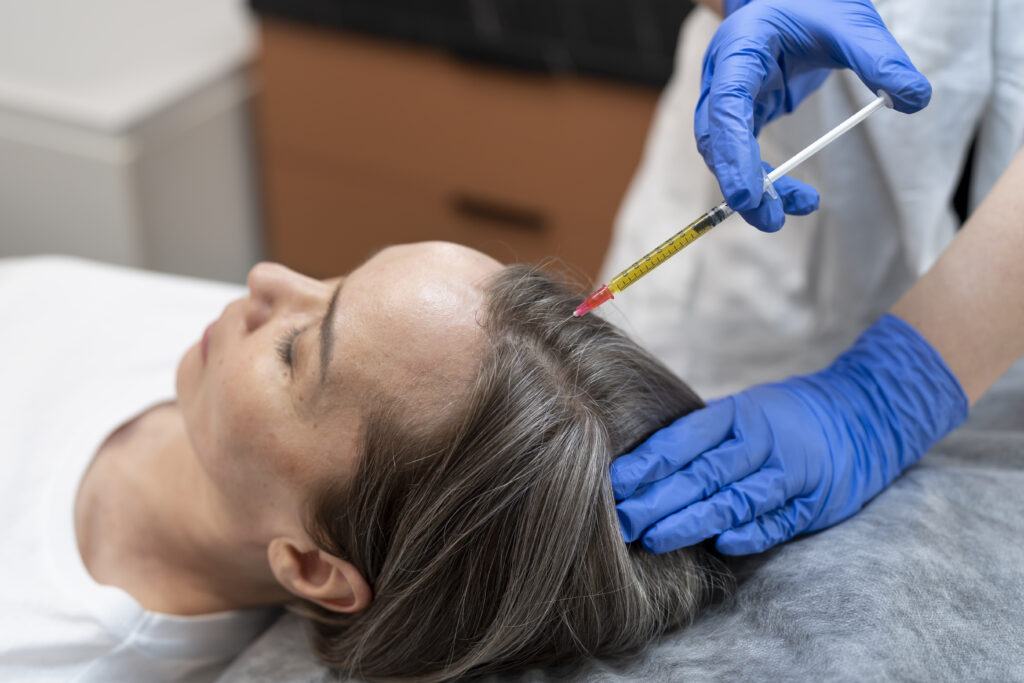 high angle patient getting prp injection alopecia